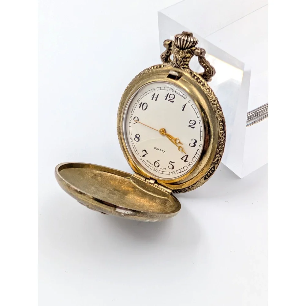 Vintage Train Pocket Watch Gold Tone Steam Engine‎ Snake Chain Steampunk